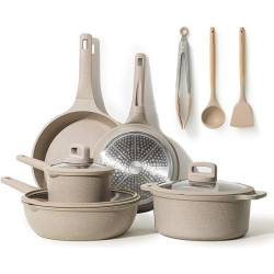 CAROTE Non Stick Pots and Pans Set, 11 Pcs Induction Cookware Set, Stackable Kitchen Cookware, Pans for Cooking, Taupe Granite