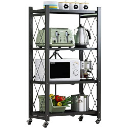 4-Tier Foldable Metal Storage Shelf with Wheels - Multifunctional Rolling Cart for Home and Kitchen - Black