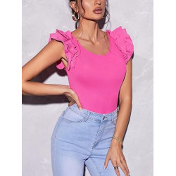 GORGLITTER Women's Ribbed Knit Ruffle Trim Cap Sleeve Scoop Neck Casual Tee Blouse Top