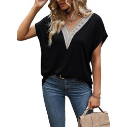 GORGLITTER Women's Guipure Contrast Lace Panel V Neck Short Sleeve Tee Blouse Top