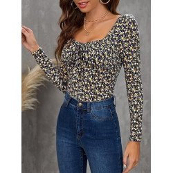 GORGLITTER Women's Ditsy Floral Sweetheart Neck Long Sleeve Fitted Tee Blouse TopGORGLITTER Women's Ditsy Floral Sweetheart Neck Long Sleeve Fitted Tee Blouse Top
