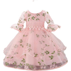 BestGift Pearl embroidery Kids Girls Flower Dress Baby Girl Birthday Party Dresses Children Fancy Princess Ball Gown Wedding for girls Pink Color